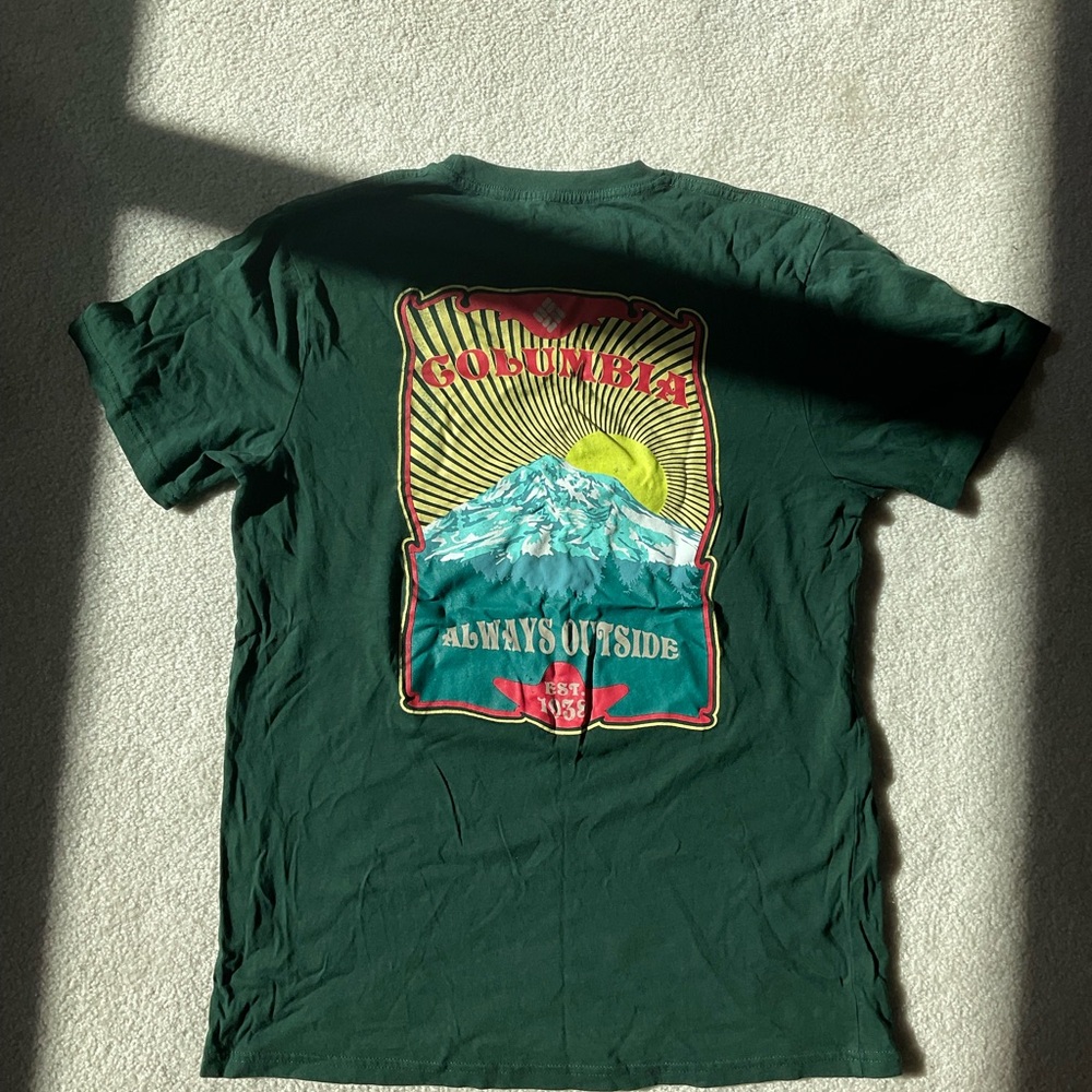 Columbia Men’s Forest Green Short Sleeve Graphic Tee with Multicolor Back Print